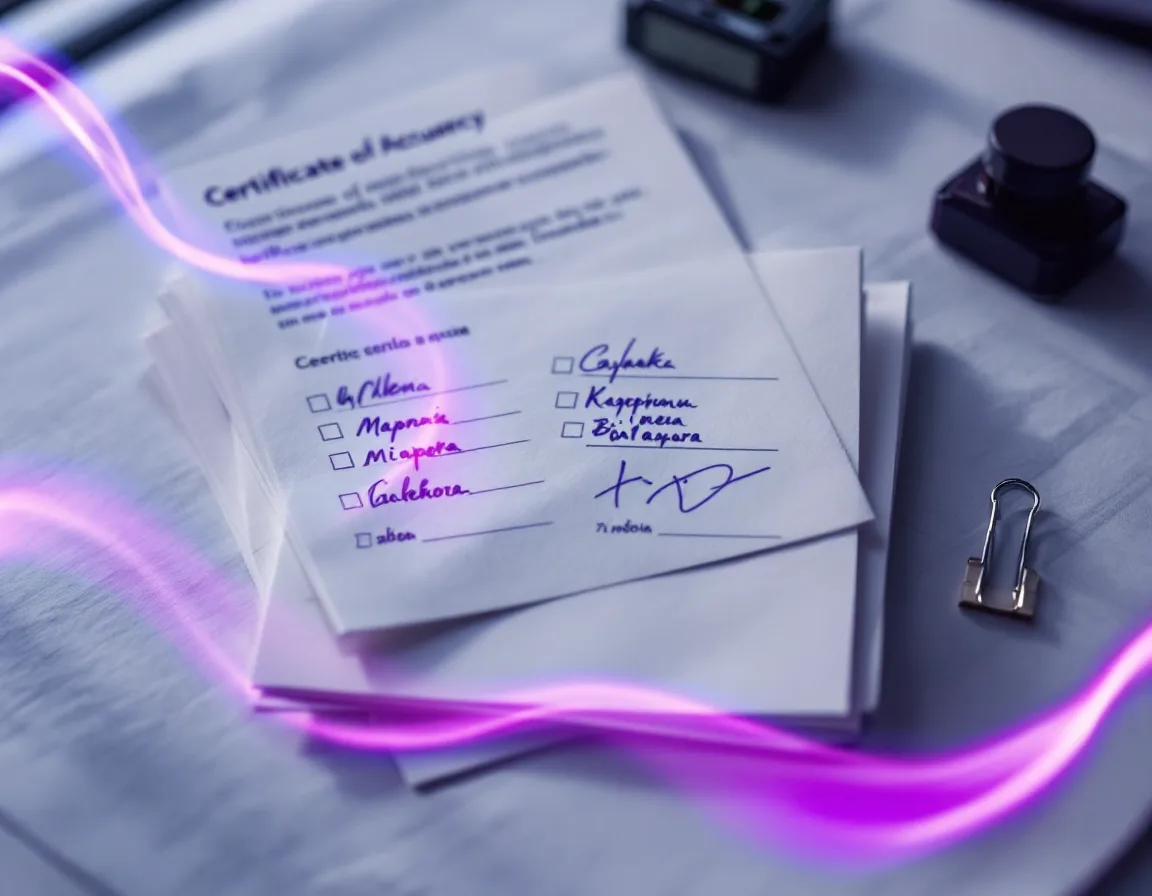 A stack of signed certificates of accuracy with violet-ink signatures in a four-box sign-off block