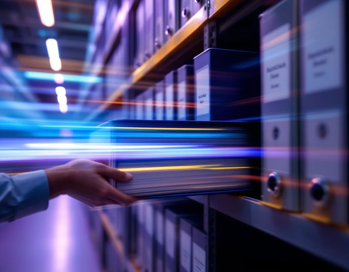 Regulatory binders on a steel shelf, one being pulled out in a soft motion blur