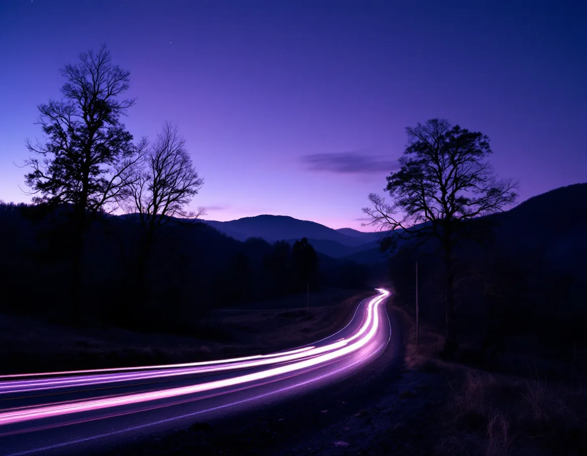 Dusk on a rural East Tennessee road, a passing car drawn as violet light ribbons